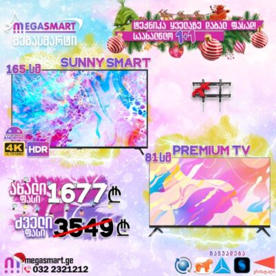 საახალწლო 1+1 აქცია! ტელევიზორი Sunny SN65FIL240 საჩუქრად კედელზე საკიდი და ტელევიზორი SkyTech 81სმ